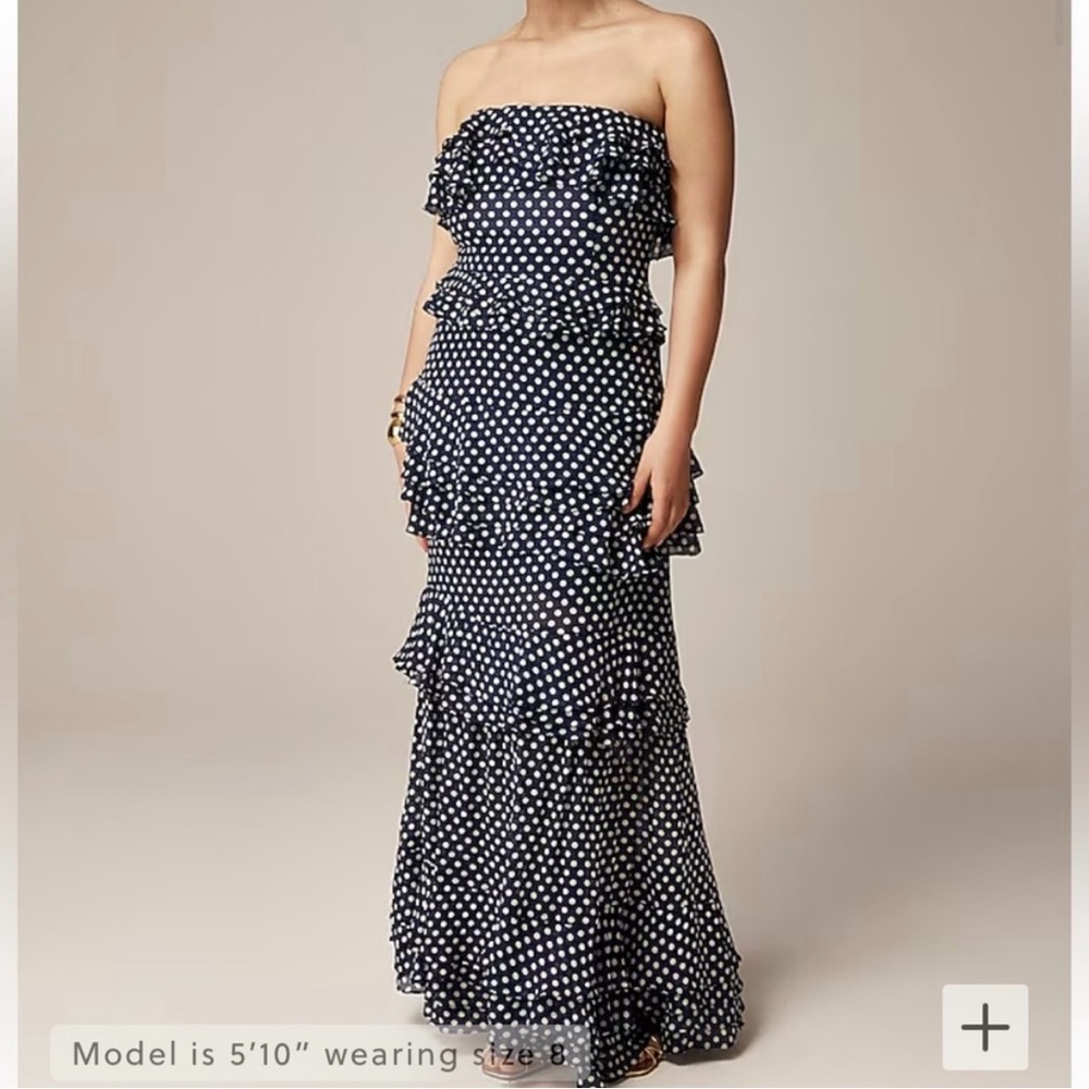 J crew dark evening Collection tiered ruffle dress in dot chiffon